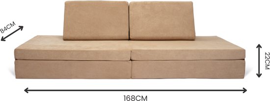 Bruine speelgoedbank van BAAAP met afmetingen 168cm breed, 84cm diep en 22cm hoog.