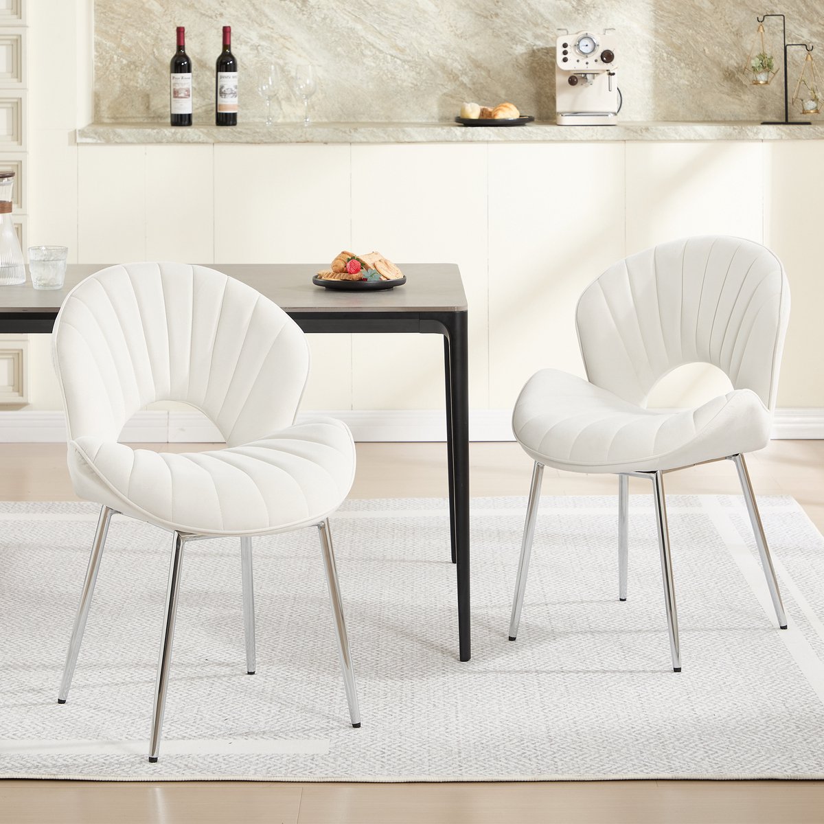Pugsdrly Fluwelen eetkamerstoel met uitgeholde rugleuning, gebogen rugleuning, kussenstoel zonder armleuningen, zilveren poten, keukenstoel, fauteuil voor woonkamer, slaapkamer en kantoor - IVORY