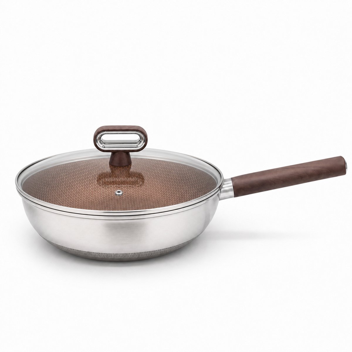 Cheffinger Wokpan met Steel & Deksel - 28cm - Honingraat Antikras - Super Reliëf - Stof-Touch Handgreep met Houtlook - RVS - Inductie - PFAS-vrij en PFOA-vrij