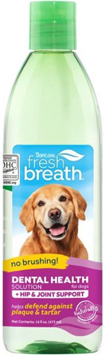 Cosmos - Fresh breath -gebitsverzorging tegen tandplak en tandsteen bij honden - en ondersteuning heupen en gewrichten bij honden - geurloos en smaakloos -dye free - 473 ml- gewoon toevoeen aan het drinkwater - voedingssupplement voor honden
