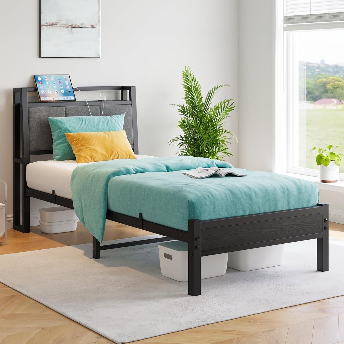 bedframe, 90 x 200 cm, met laadstation, ergonomisch, robuust metalen bed met houten hoofdeinde met opbergruimte, van stof, logeerbed, tienerbed, eenpersoonsbed, metalen met lattenbodem
