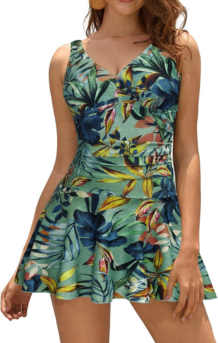 Badpak, eendelig, V-hals, figuurcorrigerend badpak voor dames met ruches, elegante badpakjurk, zwemrokje, retro, zwemjurk, tankini, Blauwe achtergrond, L