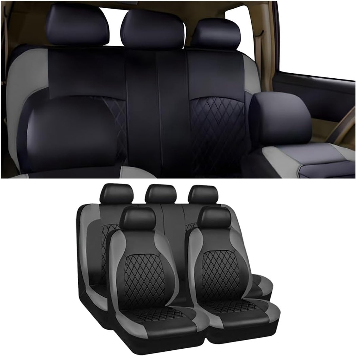 9-delige complete set autostoelhoezen, universele stoelbescherming van leer, autostoel, ademend, antislip, hoezen voor en achter, auto, interieuraccessoires (grijs)