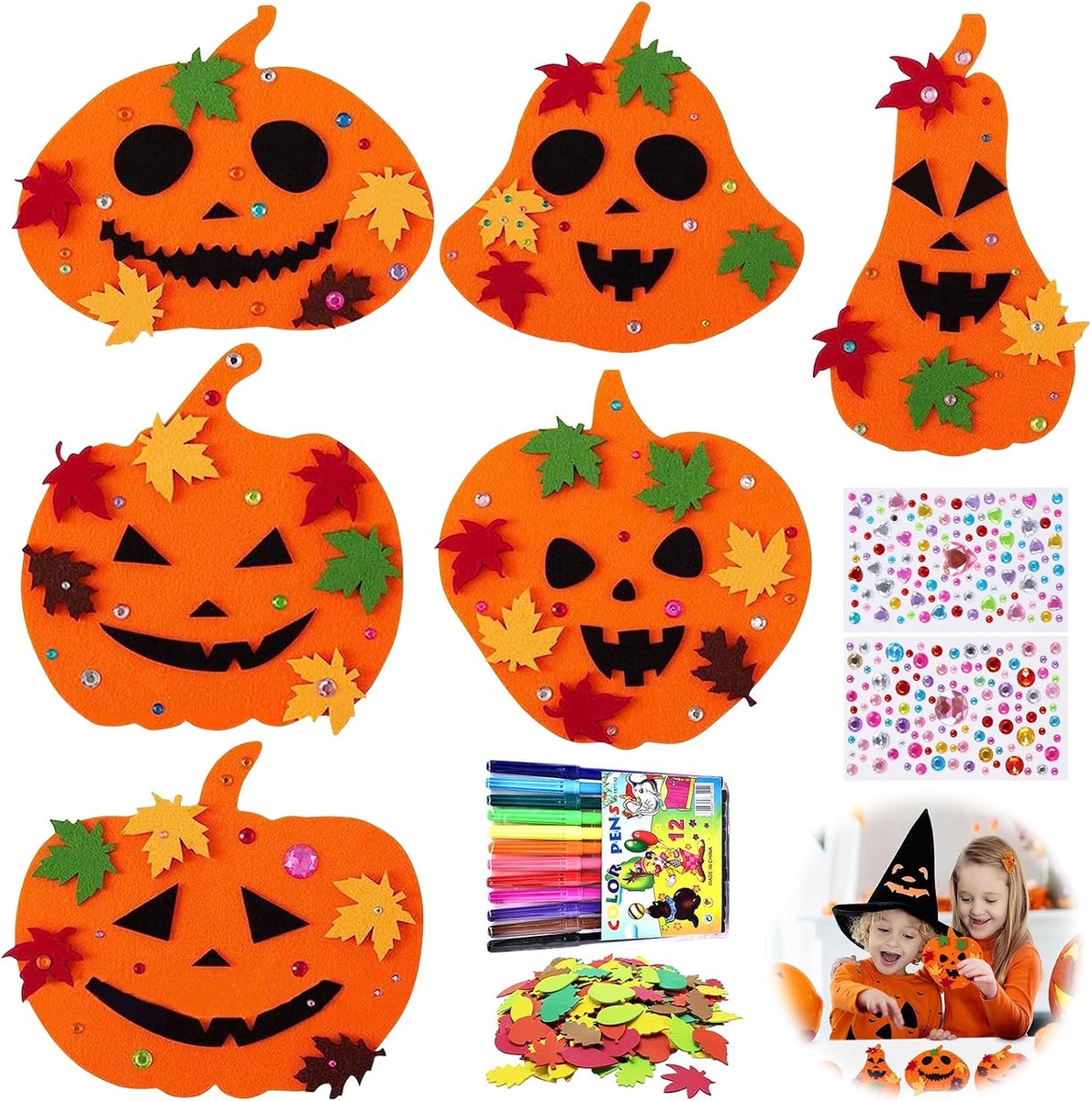 Knutselen voor kinderen, Halloween pompoendecoraties, pompoen knutselsets schuim, doe-het-zelf pompoen knutselset, vilten kransen voor kinderen, vilten knutselset, decoratie, pompoen