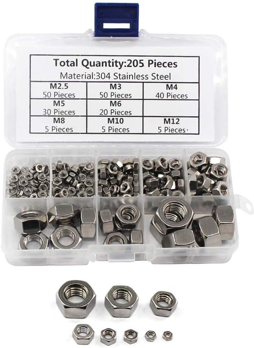 304 RVS zeskantmoer assortiment Kit M2.5/M3/M4/M5/M6/M8/M10/M12 (205 stuks)