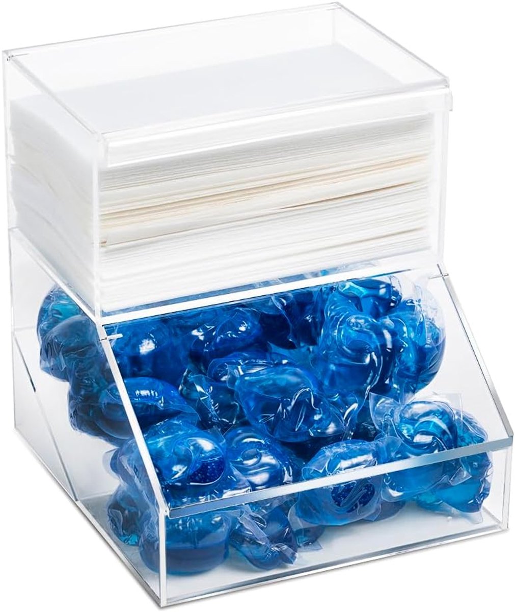 Waspod-houder & droger bladdispenser - 2 compartimenten acryl container met deksels voor het opbergen van wasspeldjes, katoenen ballen, vaatwasserpods voor wasruimte organisatie