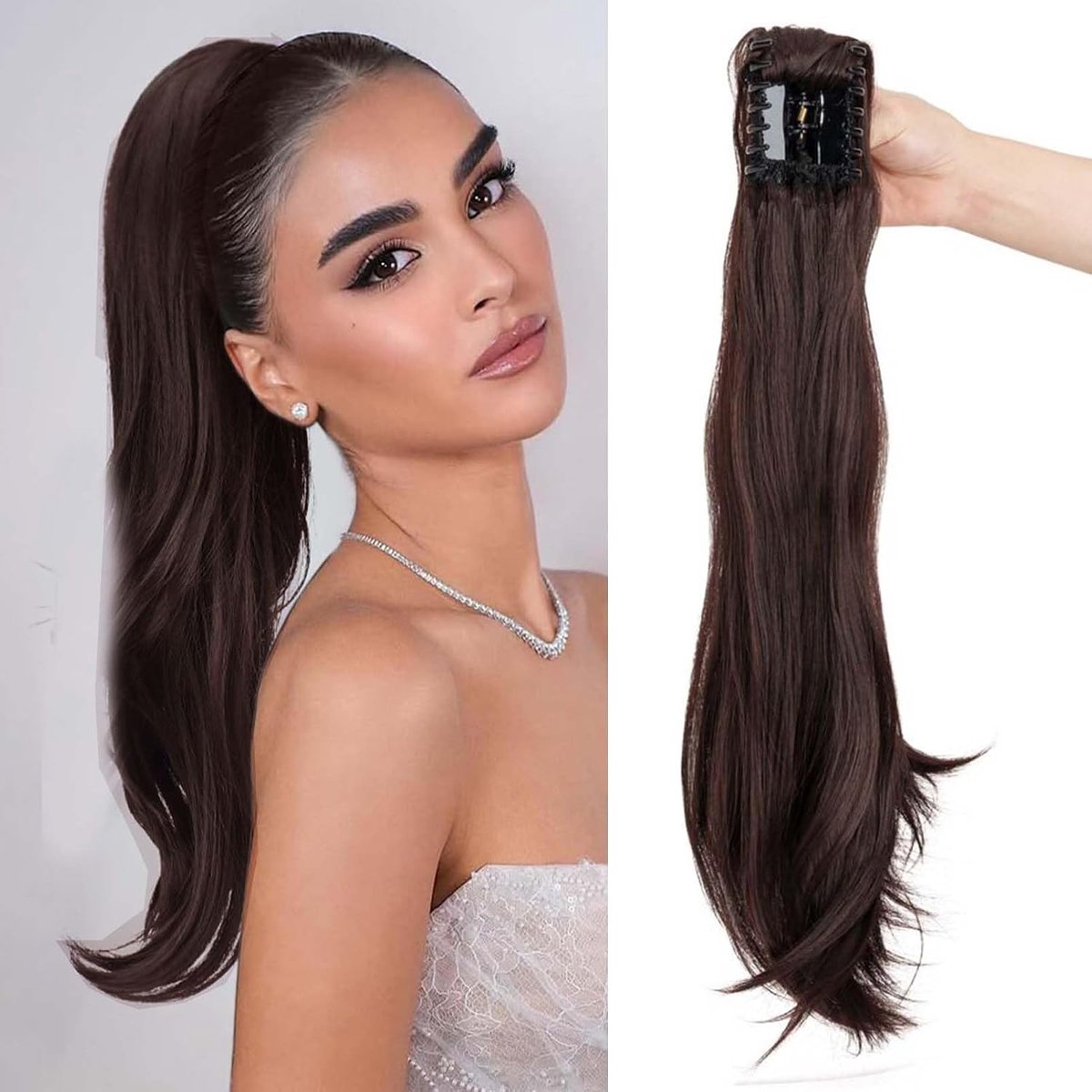 55 cm lang haarstukje, paardenstaart, met clip, haarverlenging, claw on ponytail, natuurlijk haar, micro-golvend haar, donkerbruin, 55 cm