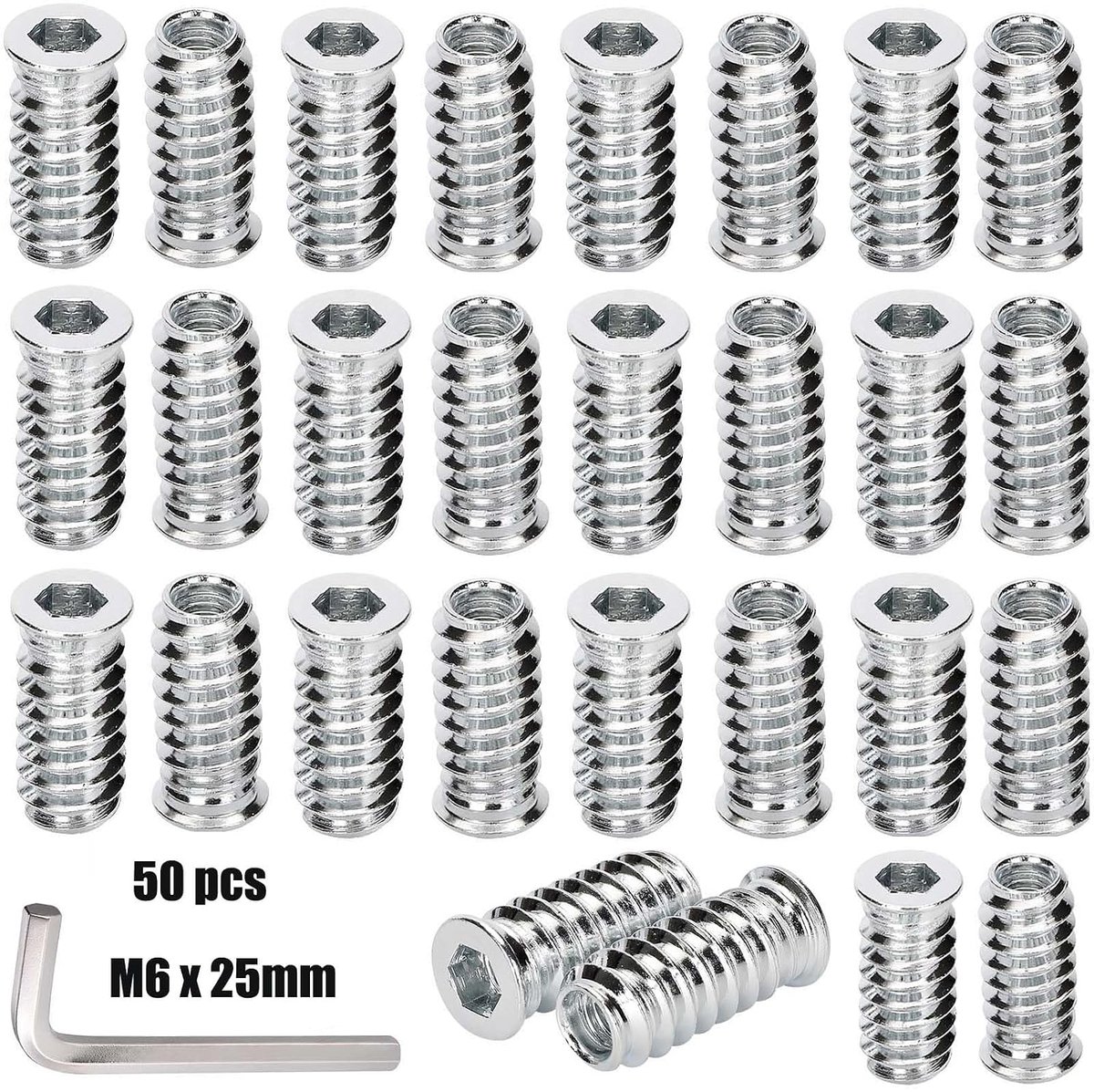 M6 x 25 mm, schroefmoeren voor hout, inschroefmoffen, binnenzeskant voor houten meubels, schroefdraadinzet moeren, hex, binnenzeskantmoeren van verzinkt staal (M6 x 25), 50