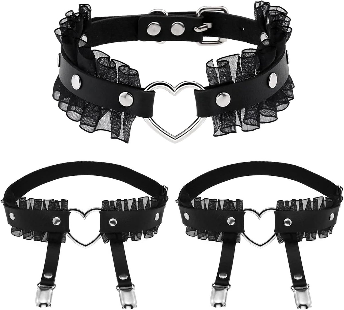 Hart Choker Ketting met 2 Stuks Kousenband voor Vrouwen Adjutable Dij Kousenband Gothic Choker Kousenband met Anti-Slip Clips voor Vrouwen