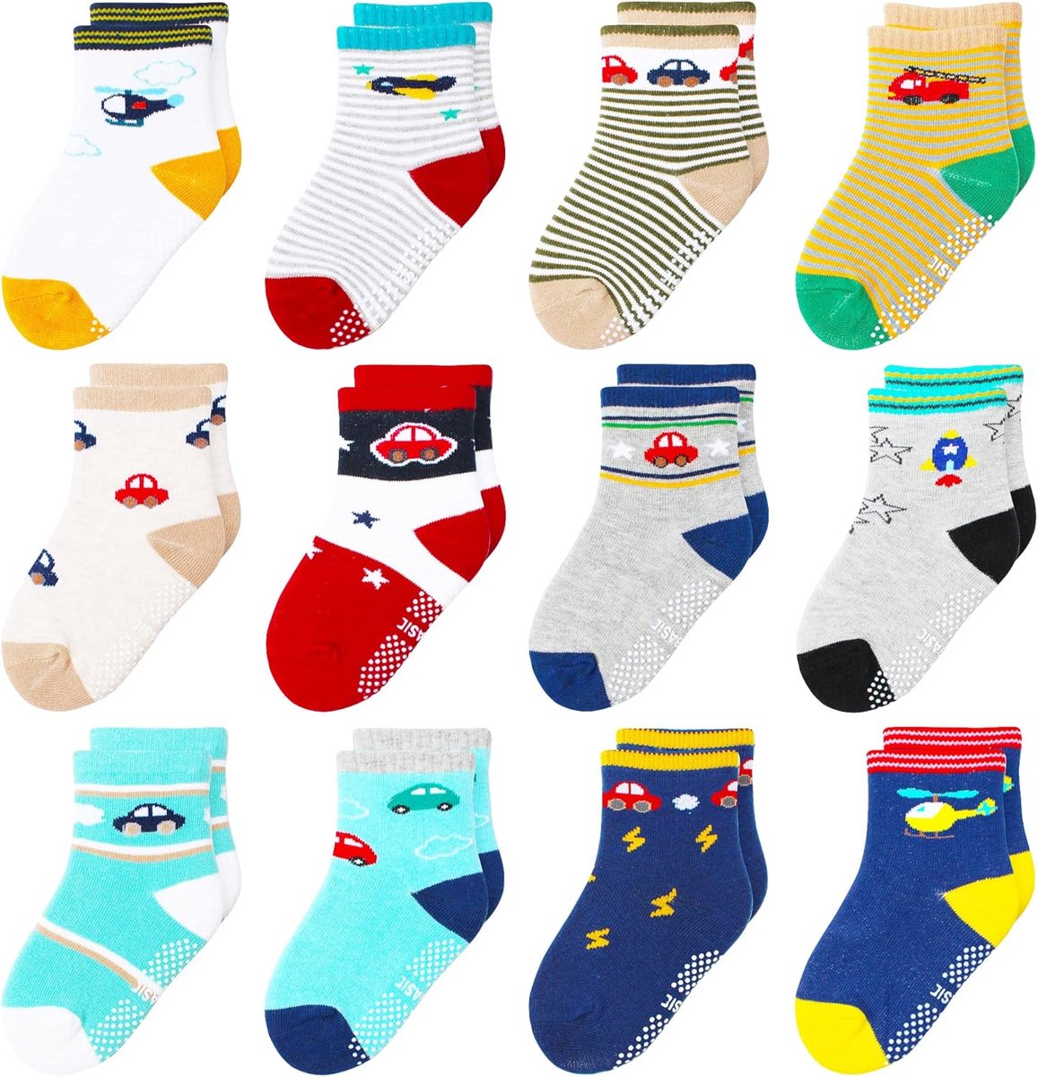 12-pack antislip babysokjes voor peuters met grepen 1-7 jaar meerdere kleuren, peuters babyjongens meisjes cadeau