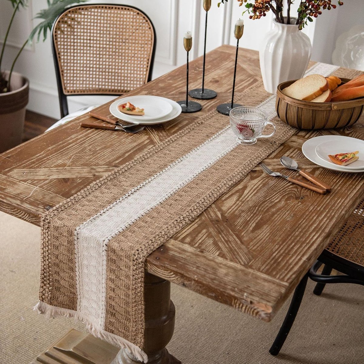 geweven macramé tafelloper van katoen en linnen met kwastjes, modern vintage wasbaar tafelkleed, tafeldecoratie voor thuis, keuken, rustieke boho, bruiloftsdecoratie, 30 x 180 cm, bruin