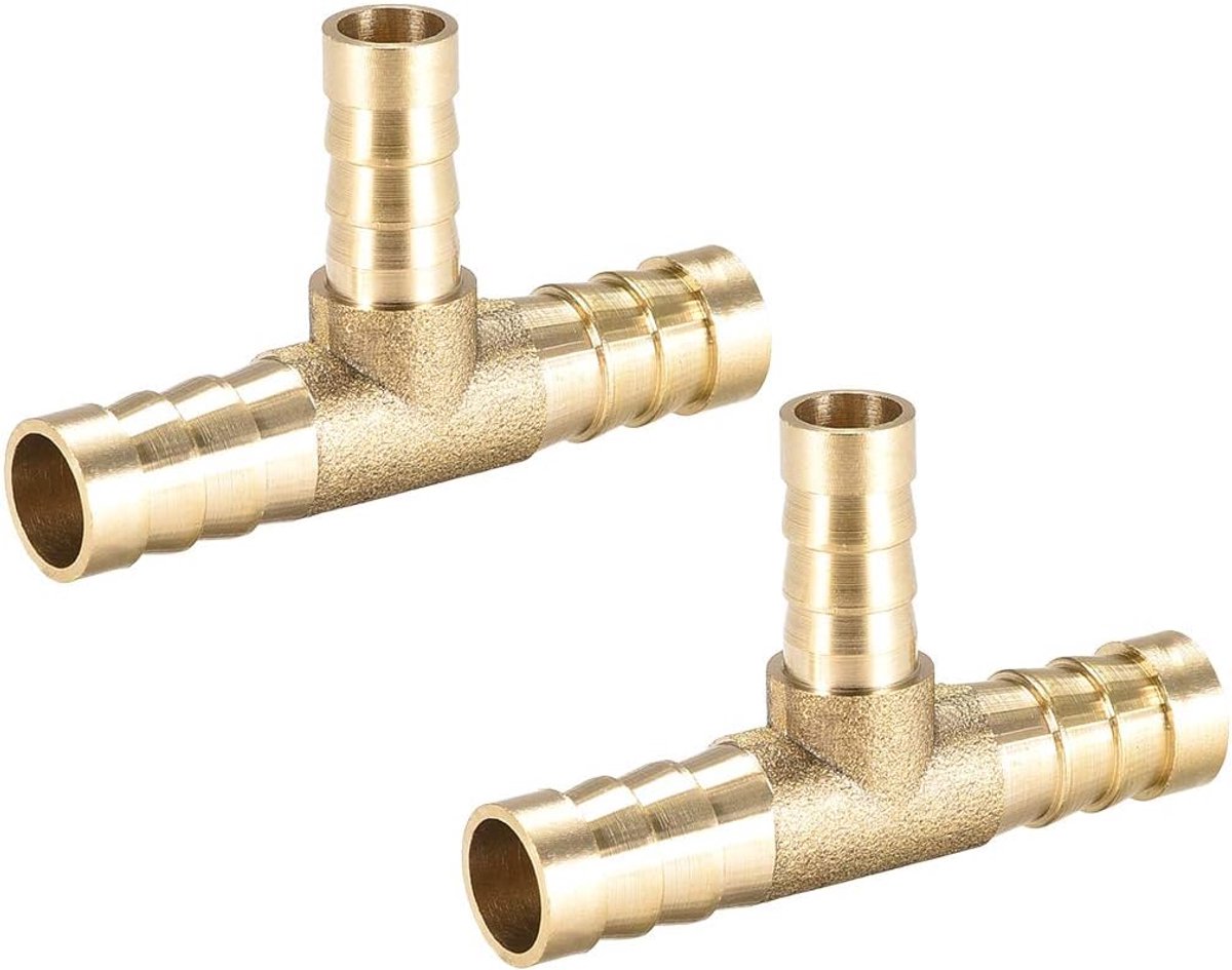 sourcing map 10 mm x 8 mm x 10 mm fitting geribbeld slang messing verloopstuk met prikkeldraad T-vorm 3-weg prikkeldraad connector lucht water brandstof gas 2 stuks