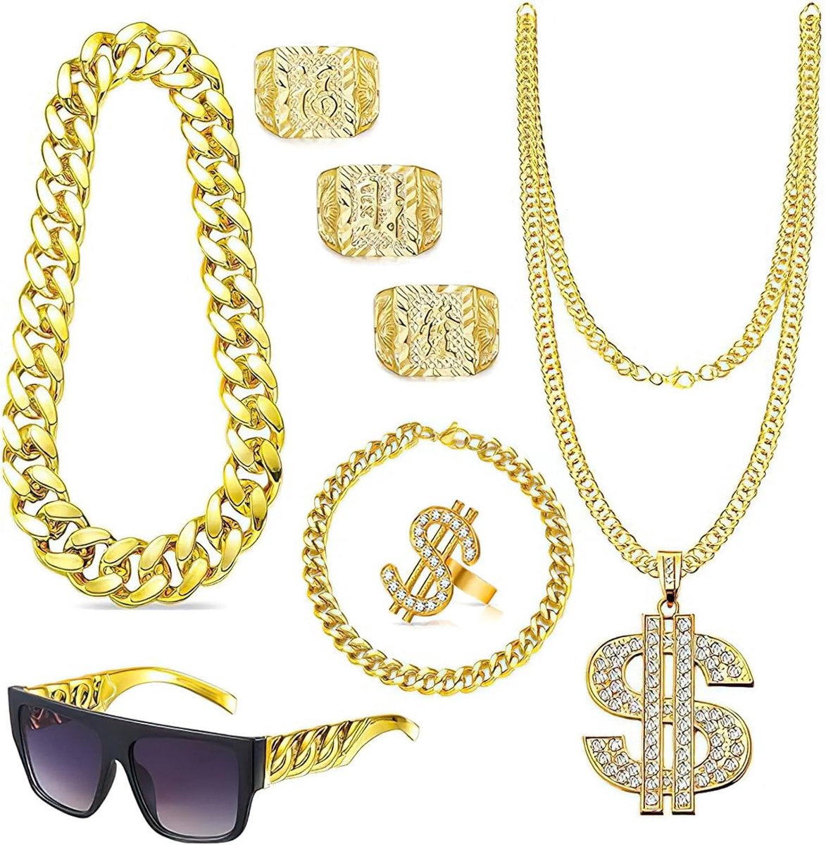 Hop kostuumset, 10-delig, rapperaccessoires, jaren 80, 90, heren, hiphop-accessoires met buckethoed, zonnebril, gouden ketting, dollar, halsketting, ring, armband, pooierkostuum voor carnaval en