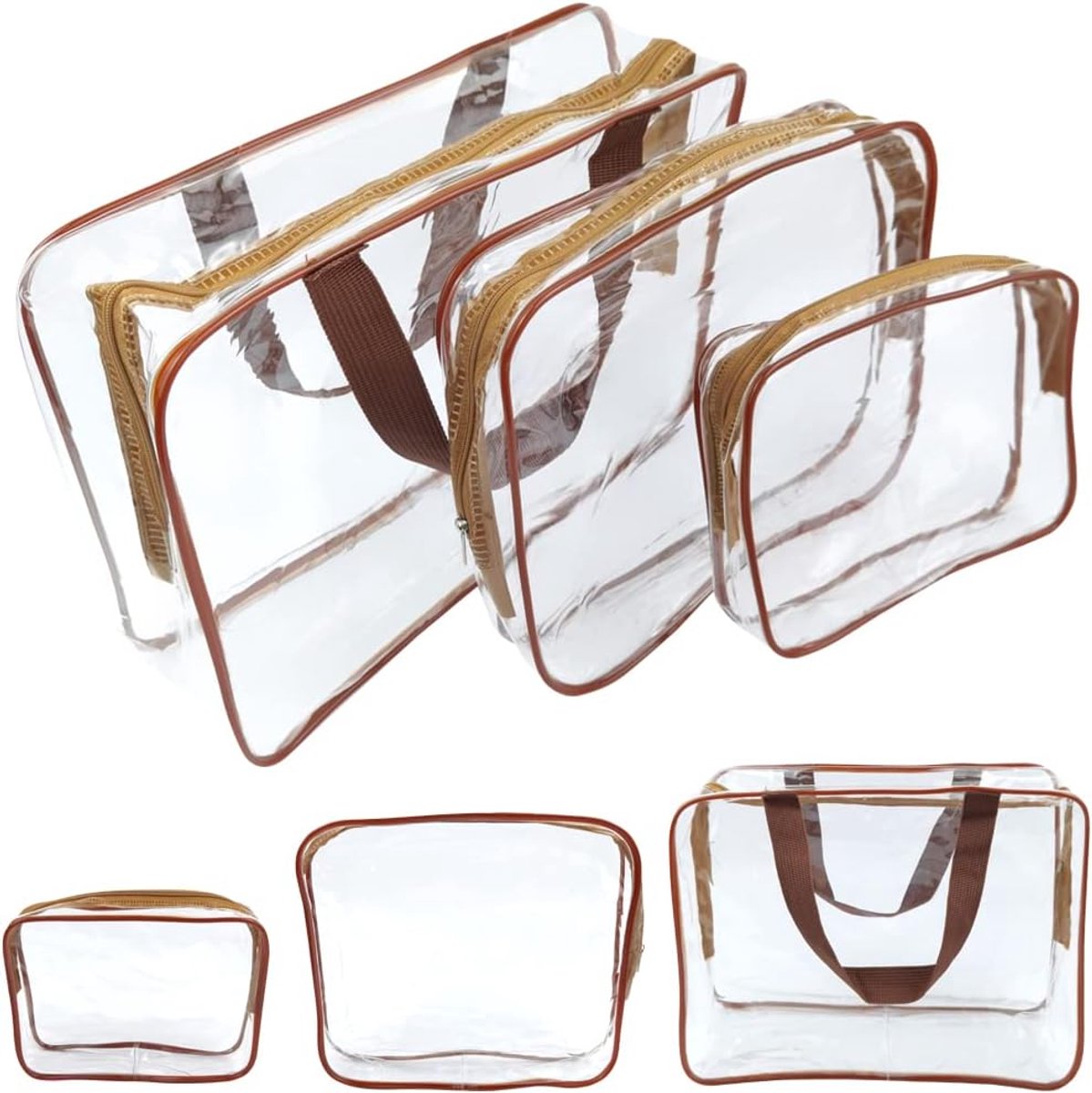 toilettas, 3-in-1 waterdichte toilettas, reistas, doorzichtige cosmeticatas, PVC-make-uptas met ritssluiting voor zakenreizen, vakantie, badkamer, organiseren, Bruin, 30 cm x 22 cm,24 cm
