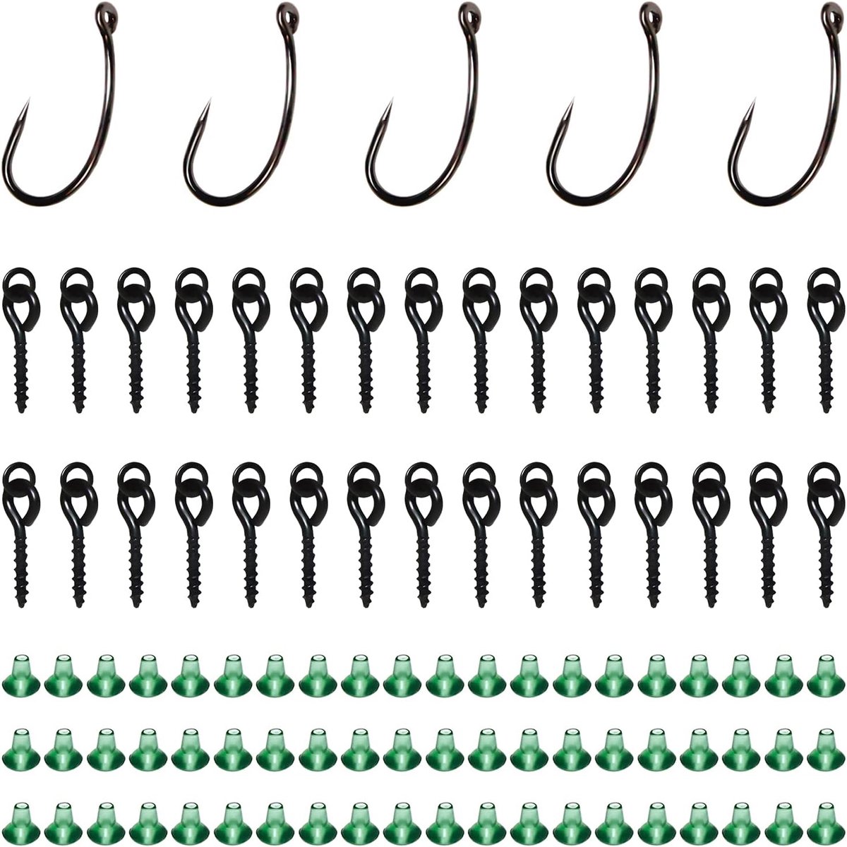 60 stuks aasschroeven 30 stuks schroeven met ronde gesp, 5 stuks haken voor de bevestiging van visaccessoires, vishaken voor karpervissen