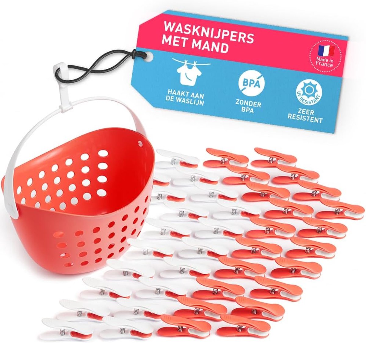 Wasknijpers met Mandje, 40 Stuks, koraal-wit | Made in France, Soft Clip design met zachte veer, geen drukplekken op fijne was, haak en hengsel voor aan de waslijn