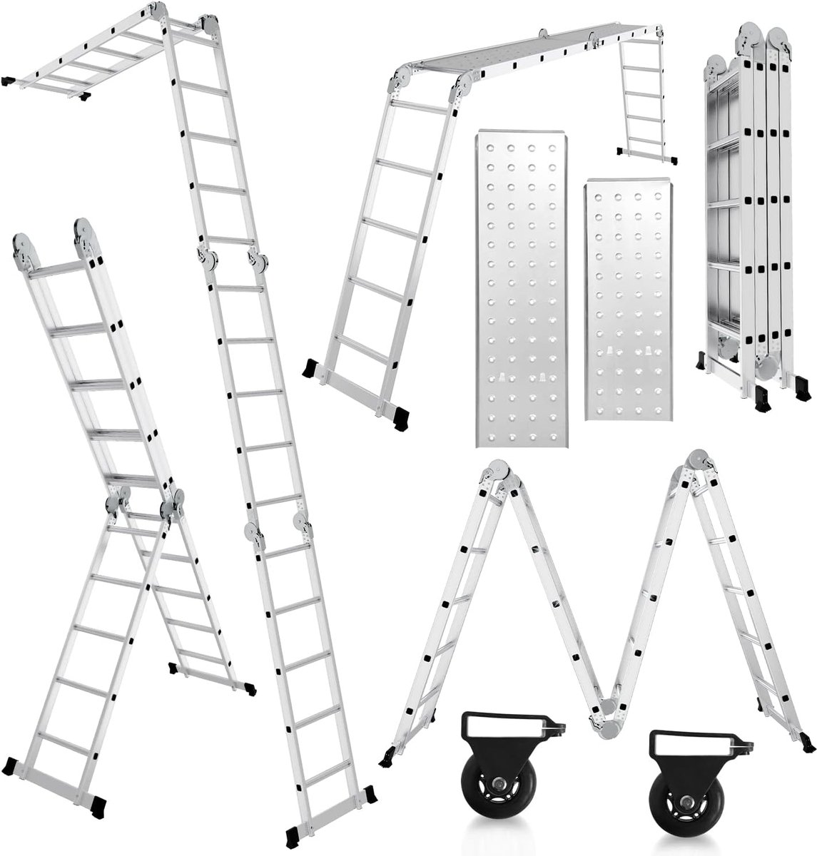 7-in-1 Multifunctionele Ladder, 470 cm, 4 x 4, Aluminium Vouwladder Met 2 Platform en Wielen, 16 Sporten, Maximale Belasting 150 kg