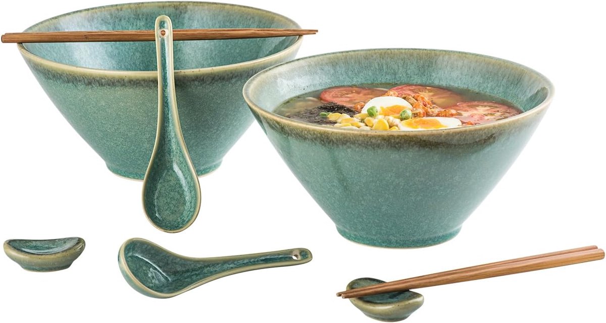 LEAD Set van 2 keramische ramenkommen, noedelkommen met lepels en eetstokjes (8 stuks), porseleinen kommen voor soep, udon, pasta, salade en ontbijtgranen, vaatwasmachinebestendig,