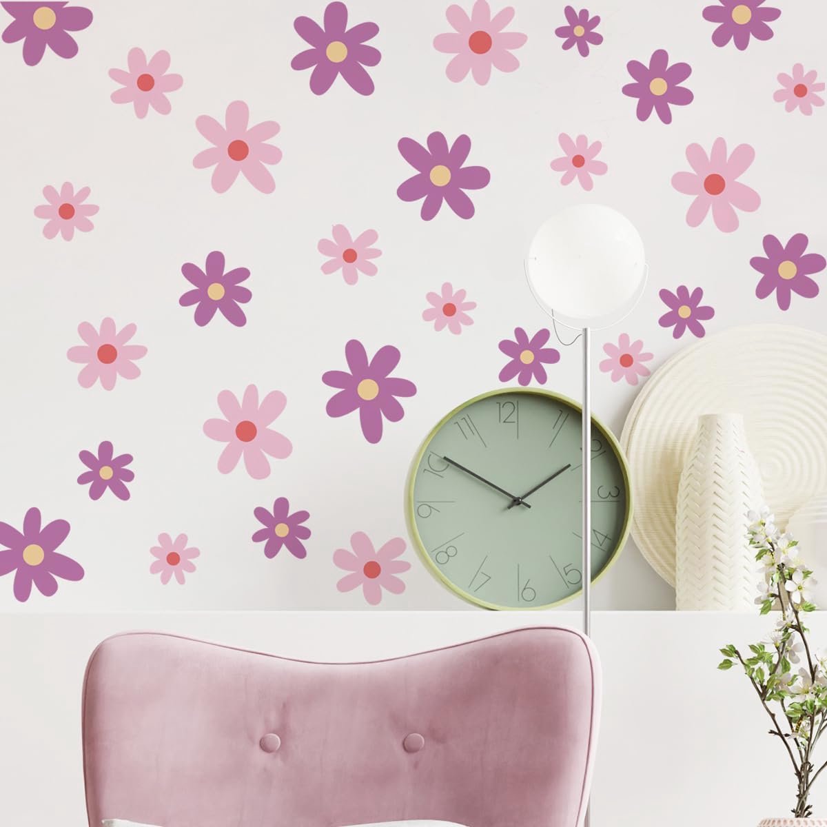 Roze paarse madeliefje bloem muurkunst stickers boho bloemen muurstickers voor kinderkamer, woonkamer, meisjesslaapkamer