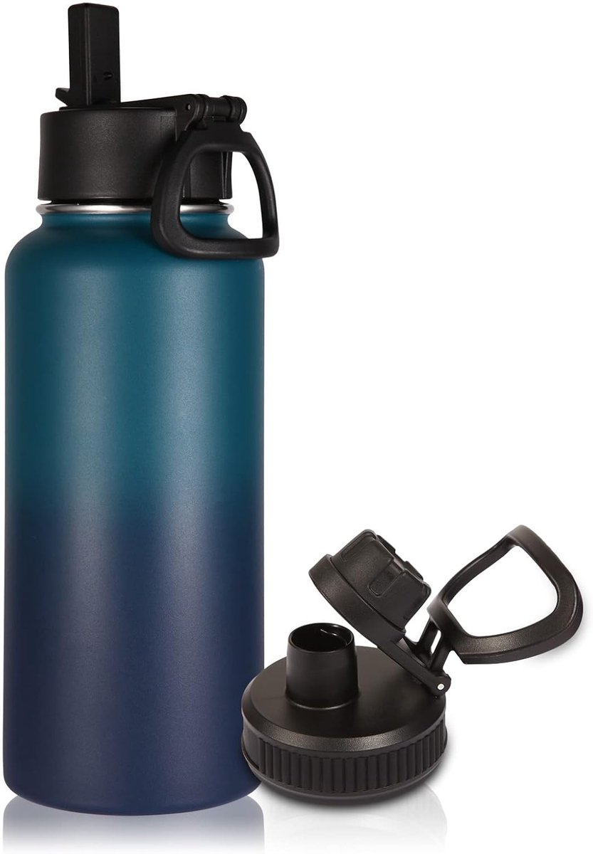 1 Liter Geïsoleerde Waterfles Met Rietdeksel en Tuitdeksel, Roestvrij Staal Sportfles, Dubbele Wand Vacuüm Thermosfles, Lekvrije Metalen Fles Met Brede Mond Voor Wandelen, Kamperen