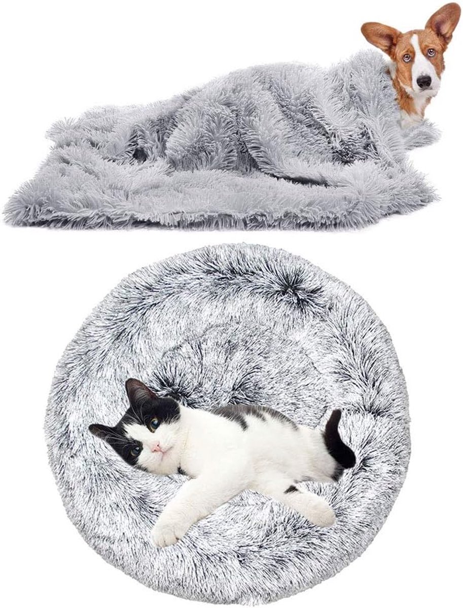 donut, kattenbed, schattig, wasbaar, voor huisdieren, extra zacht, comfortabel en geschikt voor kleine middelgrote honden (40 cm diameter), grijs