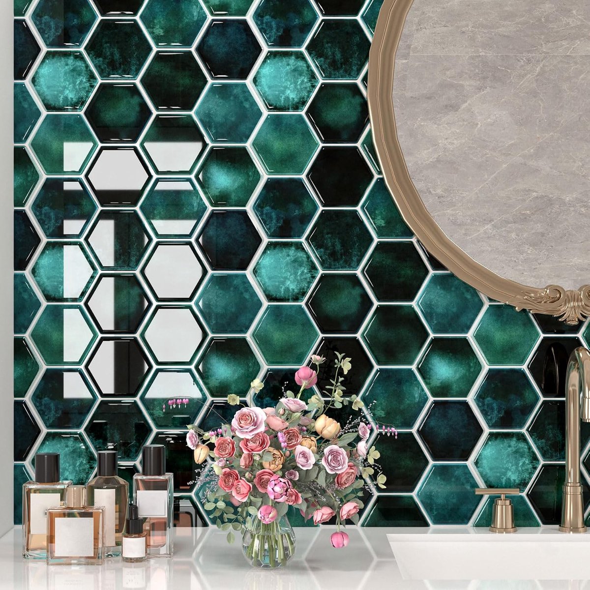 Tegelstickers, zelfklevende muurstickers, geometrisch, zeshoekig, groen, 30,5 x 30,5 cm, 15 stuks plaktegels, keukenachterwand, zelfklevende tegels, wandtegels in honinghoningraatpatroon