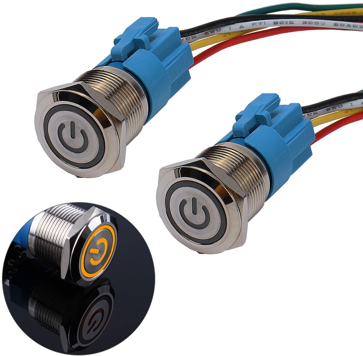 2× 19 mm Momentane metalen drukknop 12V tot 24V 3A Momentary Push Button Switch met gele LED-verlichting IP66 1NO1NC tastbaar waterdicht voorbekabeld drukknop voor boot vrachtwagen camper auto
