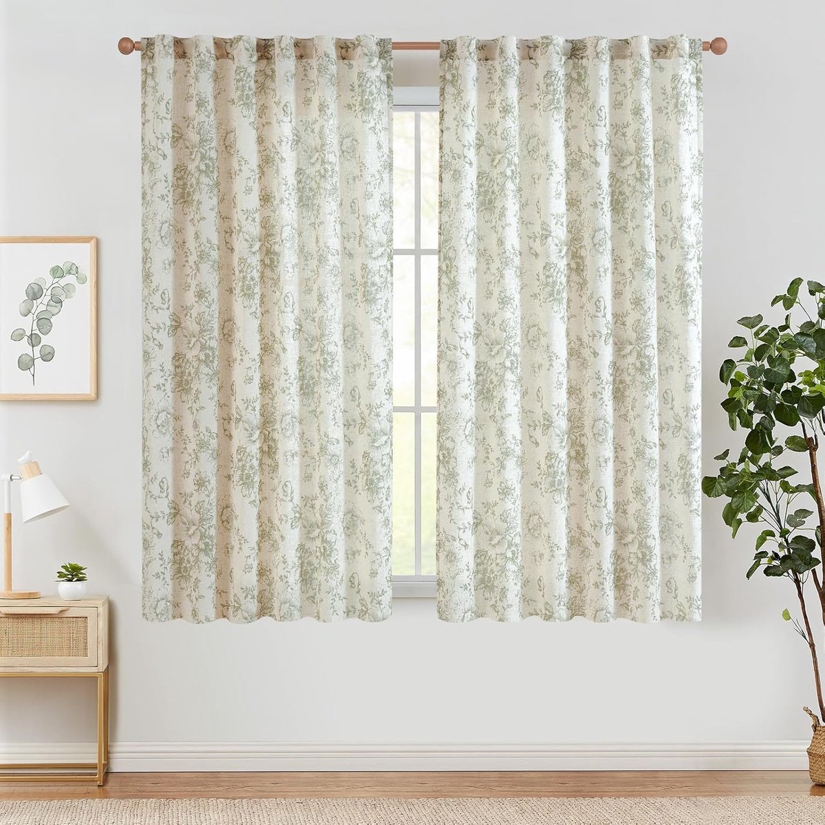 Linnengordijnen, bloementordijnen met plooiband, lichtdoorlatend, boerderij, lange gordijnen, raamsjaal voor woonkamer, slaapkamer, raam, set van 2, 140 x 210 H (cm), groen op beige