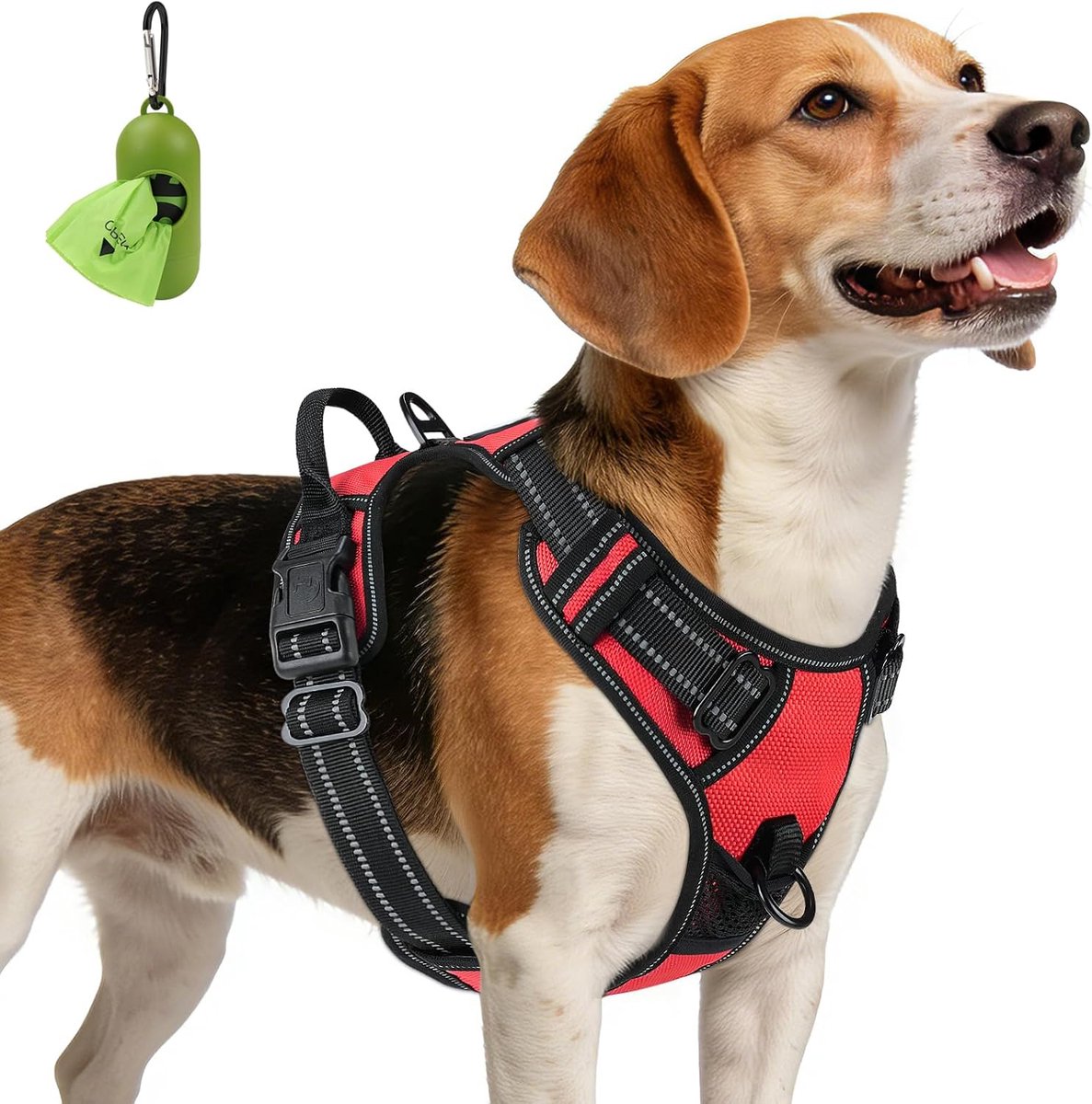 Anti-trek hondentuigje, middelgrote hond, reflecterend huisdiervest met clip aan de voorkant, verstelbare zachte gevoerde harnassen met gemakkelijke handgreep voor training en wandelen, rood,