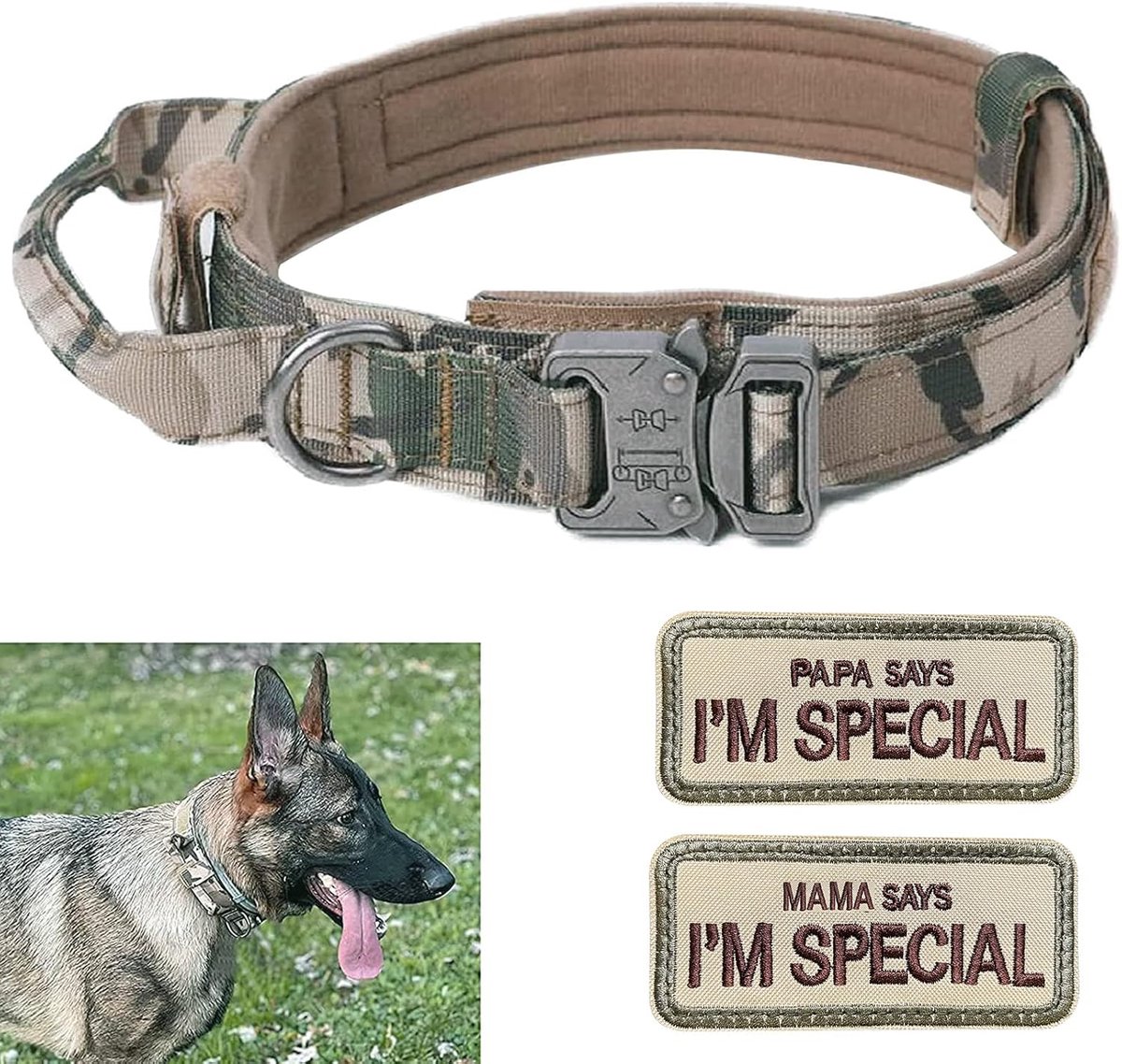 verstelbaar, met controlegreep, tactische halsband, nylon, gevoerde hondenhalsband, metalen gesp, voor middelgrote en grote honden, jacht, training, outdoor, K9 grijs, XL