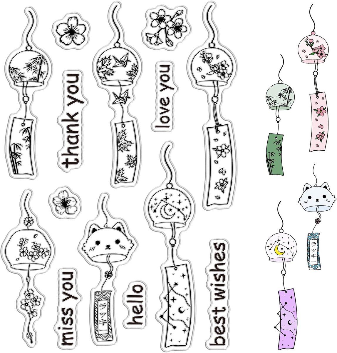 Transparante rubberen stempel met Japanse windklok Cartoon Cat Flowers Vintage herbruikbaar transparante siliconen zegel voor doe-het-zelf scrapbooking journaling