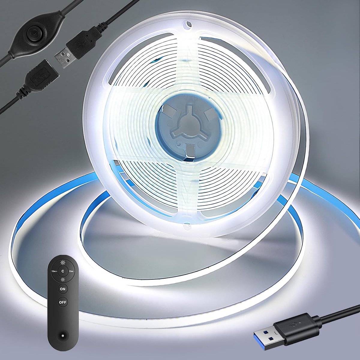 strip, 1 m, 5V COB LED lichtband met RF afstandsbediening, 6000k koud wit, 320 LED's/m, dimbare LED strip, LED band voor tv achtergrondverlichting, computer, kast, slaapkamer.
