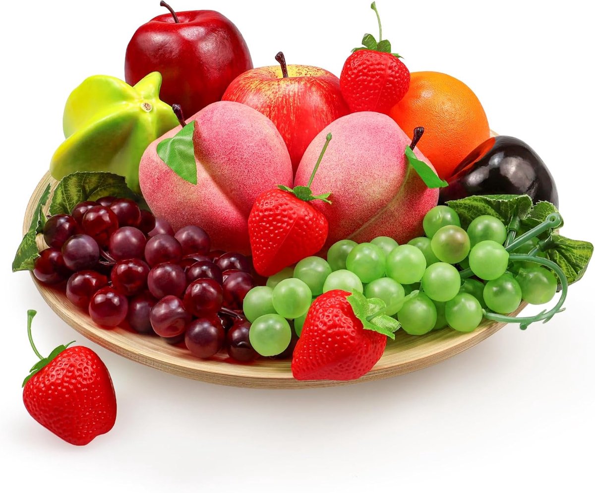 kunstmatige Vruchten, kunstmatige Vruchten Decoratie Levensechte Nepmengsel Fruit voor Home Decor, Simulatie Nepfruit Prop voor Fotoshoot, Kunstmatige Appels Perziken Druiven Aardbeien, 13 stuks/set