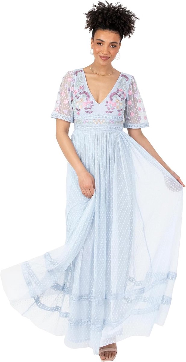 Deluxe Dames Maxi Jurk Korte Pofmouwen V-hals Bloemen Geborduurde Tule Lace Keyhole Back Ruffle Empire A-lijn Prom Babyblauw 38, Baby Blue., 38
