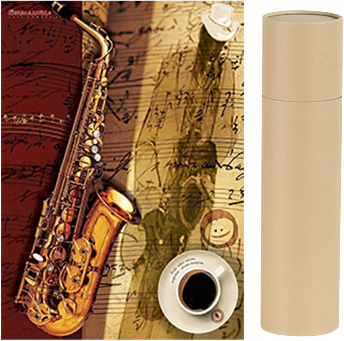Diamond Painting Saxofoon met kraftpapier verzendbuis rond 30 x 40 cm, diamant borduurwerk saxofoon muziek muziekinstrument, diamond painting koffie glimlachend gezicht kruissteek cadeau