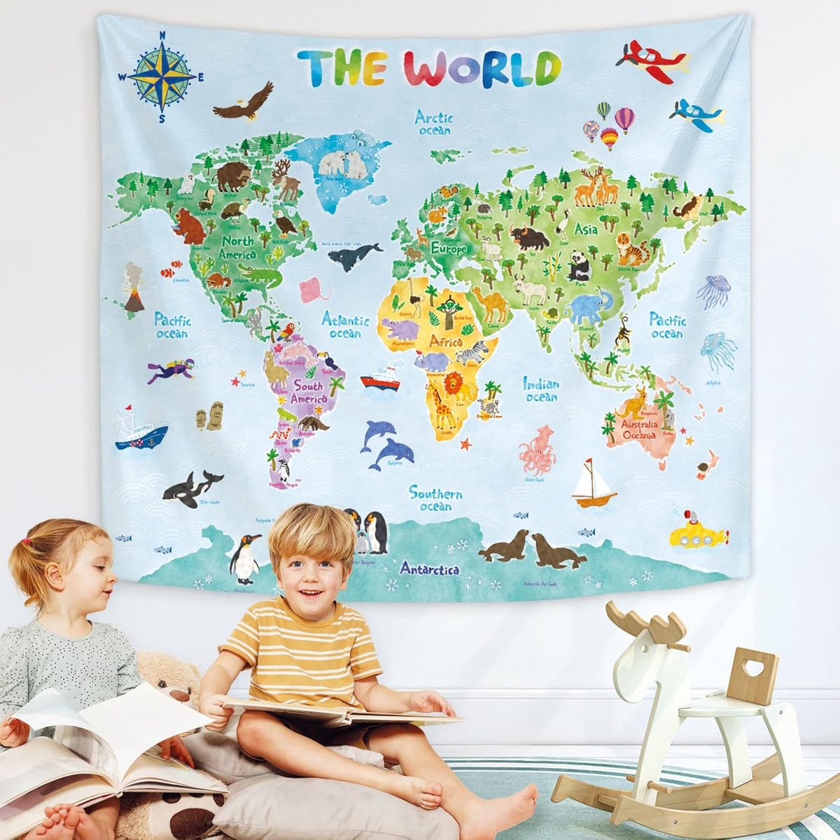 TP-001 Groot Wandtapijt Dierenwereldkaart Wandtapijten voor Kinderen Wandtapijt voor Slaapkamer Woonkamer Slaapzaal Art Home Decor Polyester 150x130 cm (150x130cm)