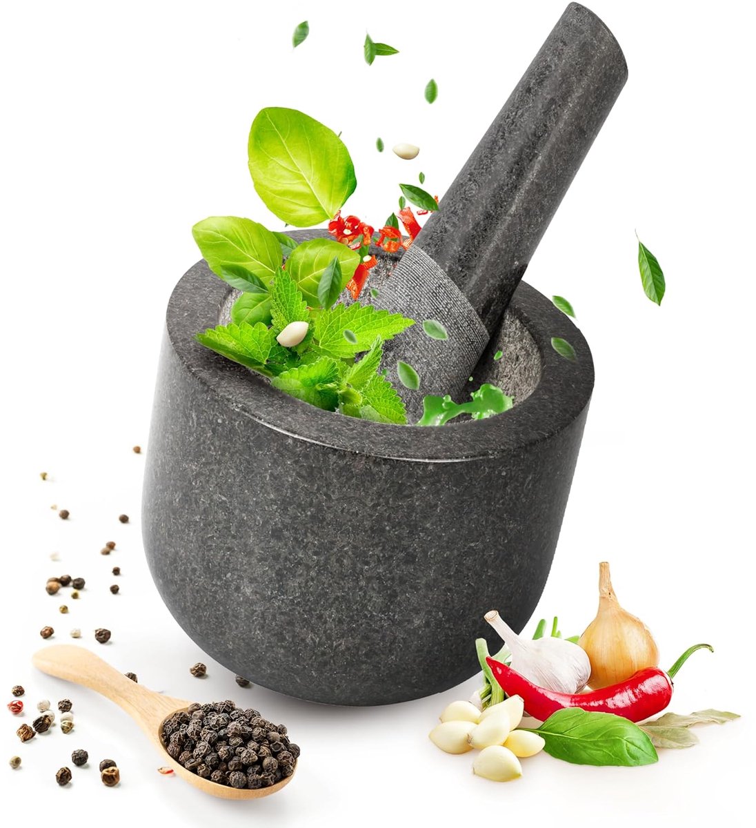 Vijzel met stamper van graniet - handige massieve stenen vijzel Ø 8,5 cm voor specerijen pesto kruiden - gepolijst en onderhoudsvriendelijk