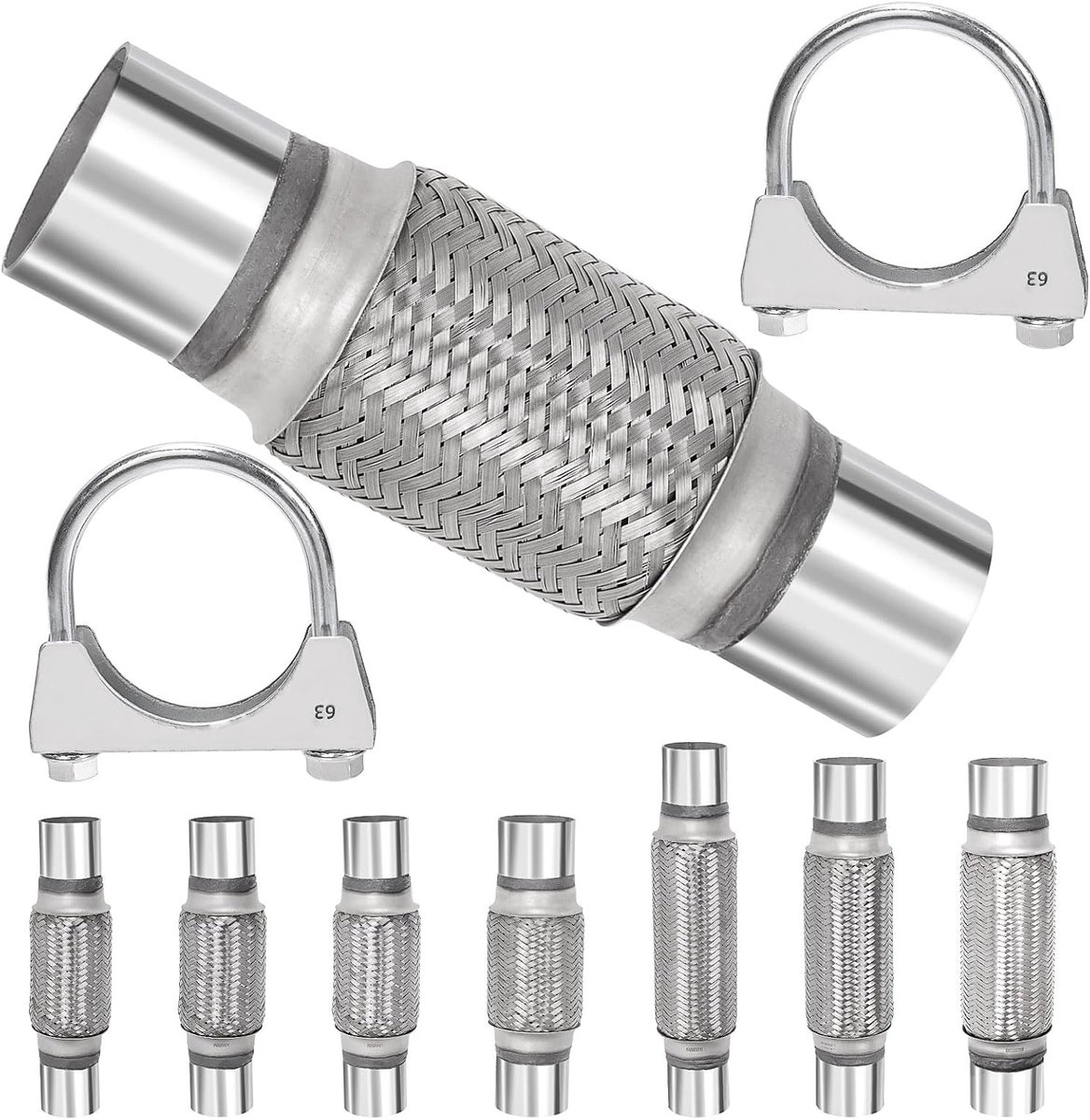 3 stuks 6,35 x 15,24 cm lange uitlaatpijp met 2,5 inch uitlaat U-clip kit, universele uitlaatpijp dubbel gevlochten roestvrij staal