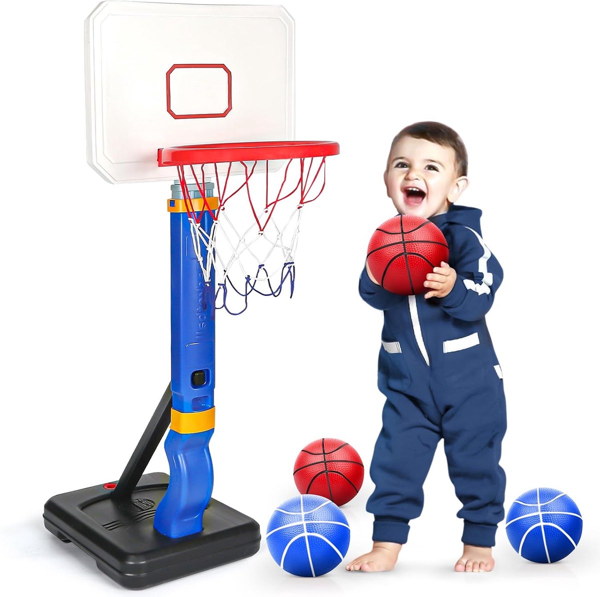Basketbalkorf voor kinderen, basketbalkorf voor binnen en buiten, met standaard, in hoogte verstelbaar, 70-138 cm, basketbalkorf voor binnen, speelgoed voor kinderen van 3 tot 8 jaar
