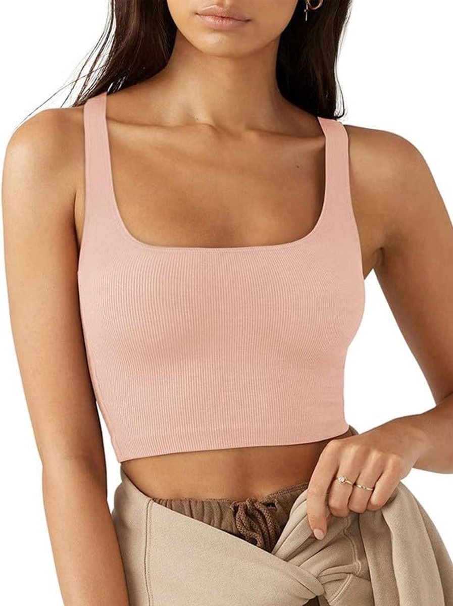 Tanktop voor dames, zomer, sexy, mouwloos, met vierkante hals, korte tanktop, nauwsluitend, casual, elegant, effen, shirt