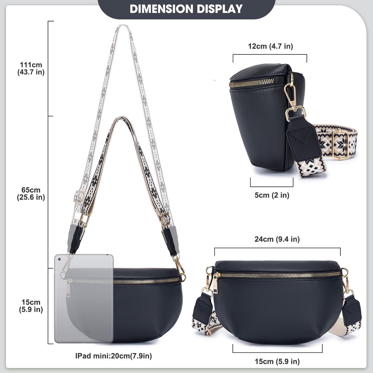 Schoudertas voor dames, veganistisch leer, crossbody schoudertas, brede riem, avondtas met drie vakken met ritssluiting, handtas met kaartsleuf, verstelbare afneembare schouderriem