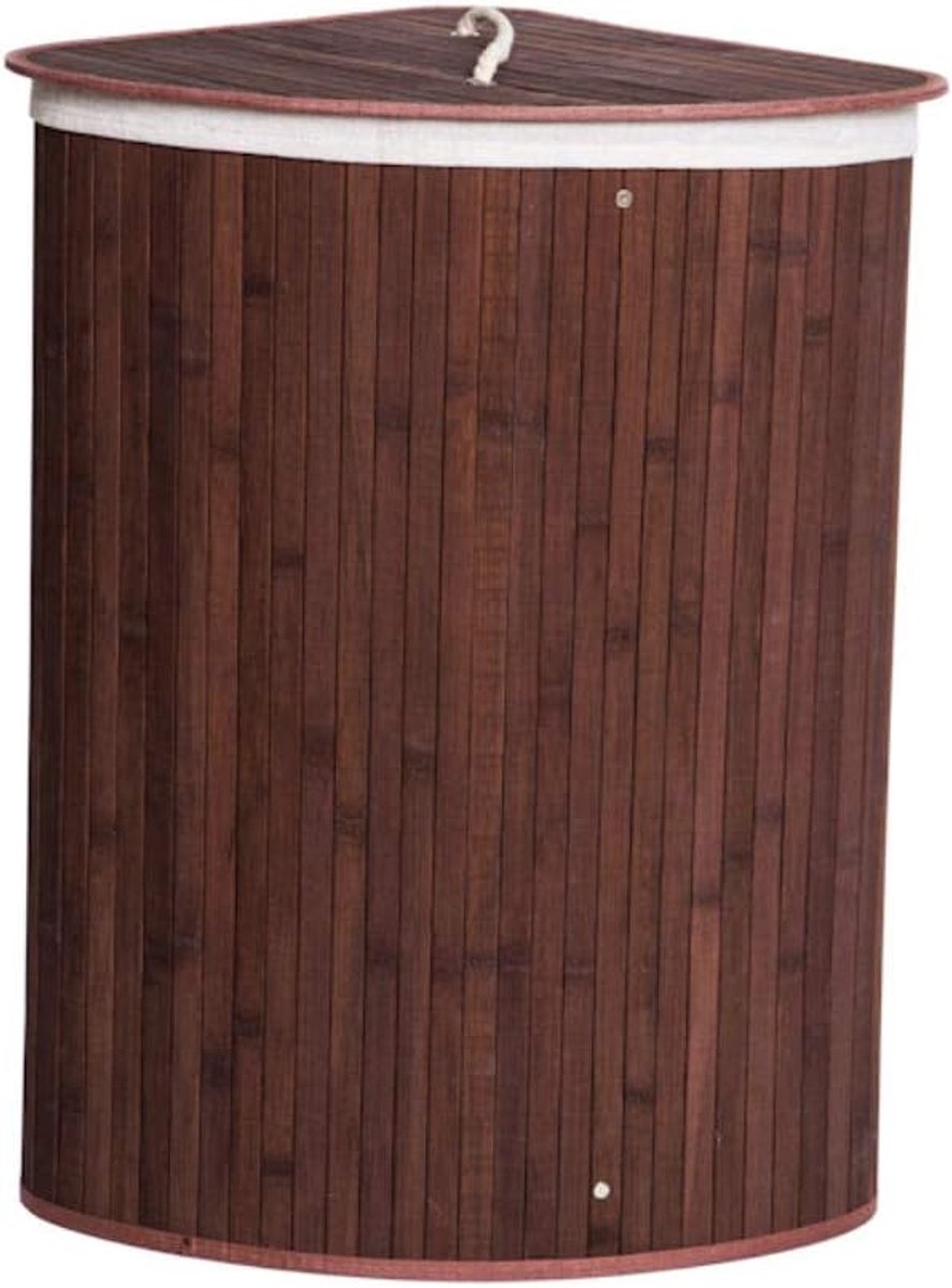 Bamboe Hoek Wasmand 1 vak met Deksel & stoffen Waszak - Decopatent Wasbox wassorteerder Driehoek - Inhoud 100 liter - Wasmand voor wasgoed - Opvouwbaar - Kleur: Bruin