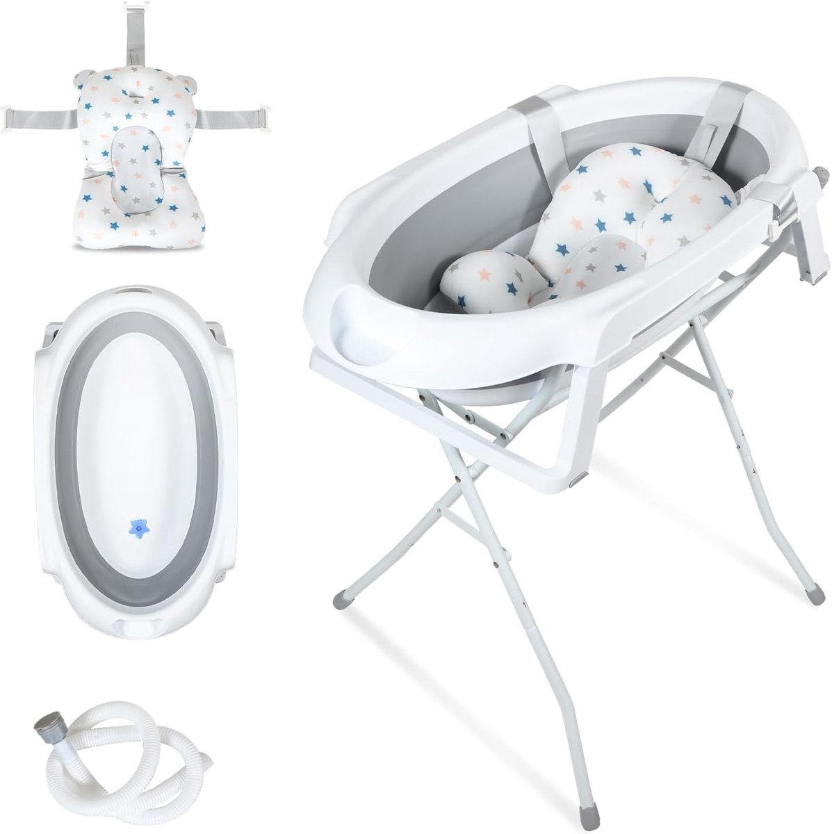 Babybadkuip, opvouwbaar babybad met frame 80 cm, babybadkuip met temperatuursensor en badmat, babybad voor pasgeborenen, grijs
