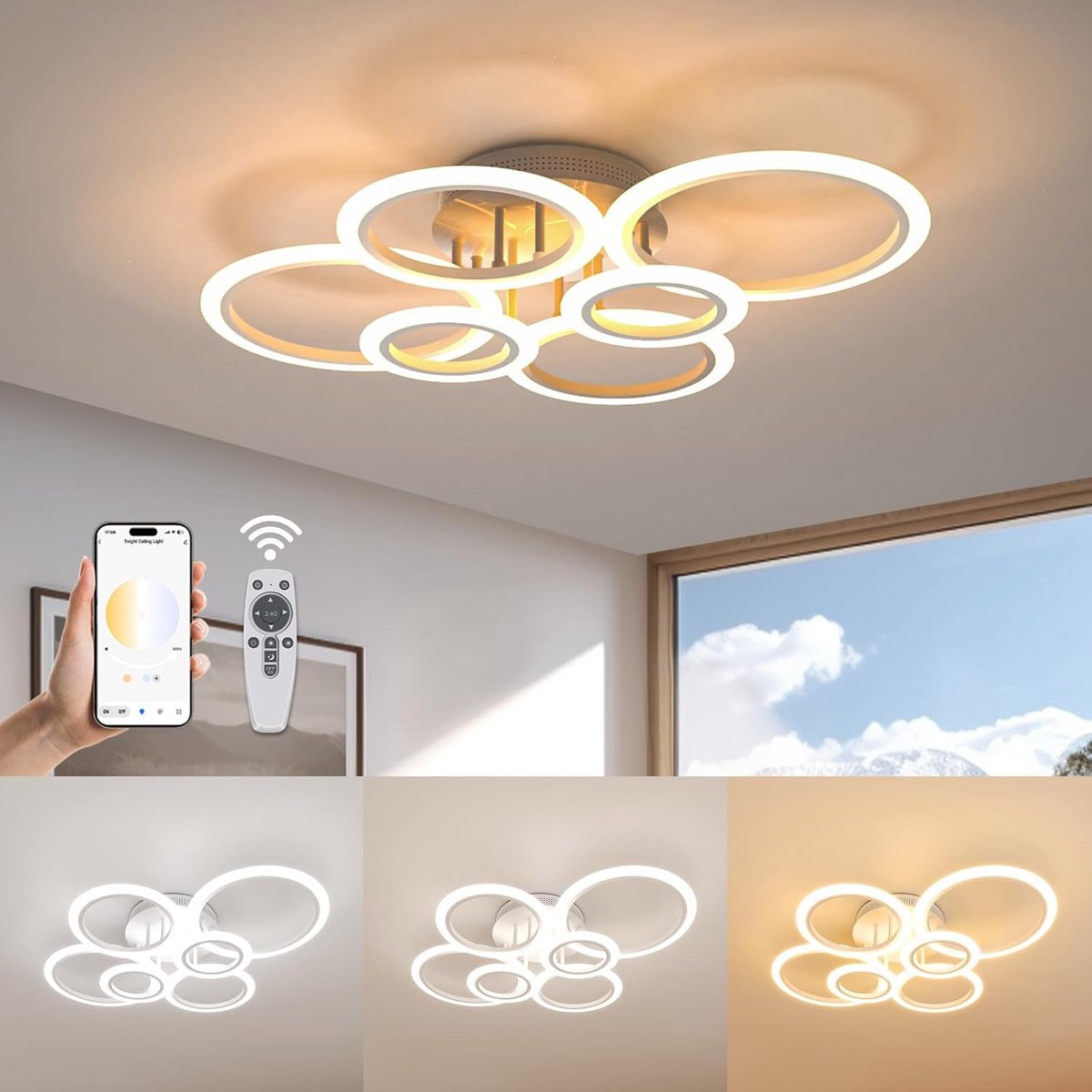 72W 6 Ring LED Plafondlamp Dimbaar voor Living Slaapkamer Keuken | Smart App & Afstandsbediening, 2800K-7000K Verstelbare, Moderne Inbouw Plafondlamp voor Multi-Scene Indoor