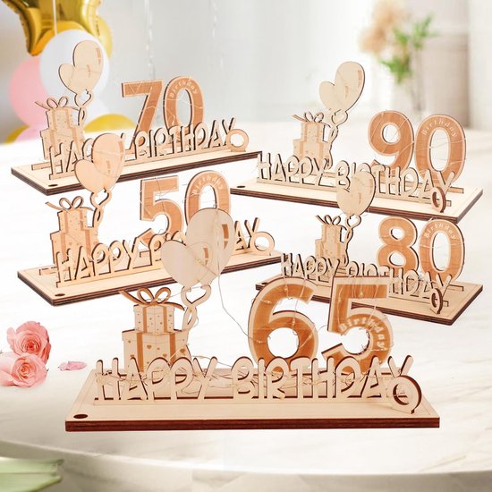 Verjaardagsdecoratie voor mannen en vrouwen, geldgeschenken met led-lichtketting vlinderdas en cadeaupapier, houten bord, gastenboek, 65 jaar, bruiloft, jubileum, tafeldecoratie — afbeelding 5