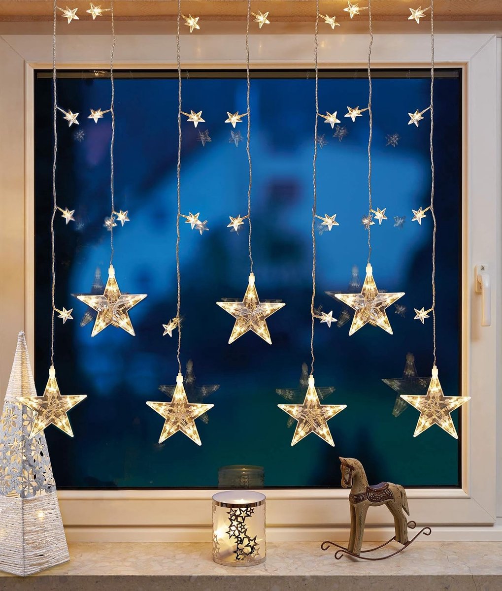 Binnen, 0,9 x 1,2 m LED ster lichtgordijn met 137 warmwitte leds voor kerstverlichting feester. LED gordijn kerstdecoratie met transformator kabel transparant 576351