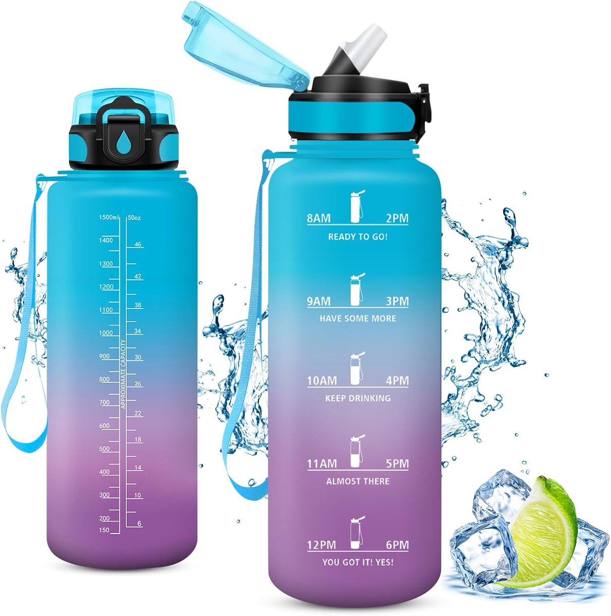 Drinkfles voor kinderen, BPA-vrij, 1,5 l, fles met rietje, lekvrij, gemakkelijk te openen, herbruikbare fles, fitnessstudio, hardlopen