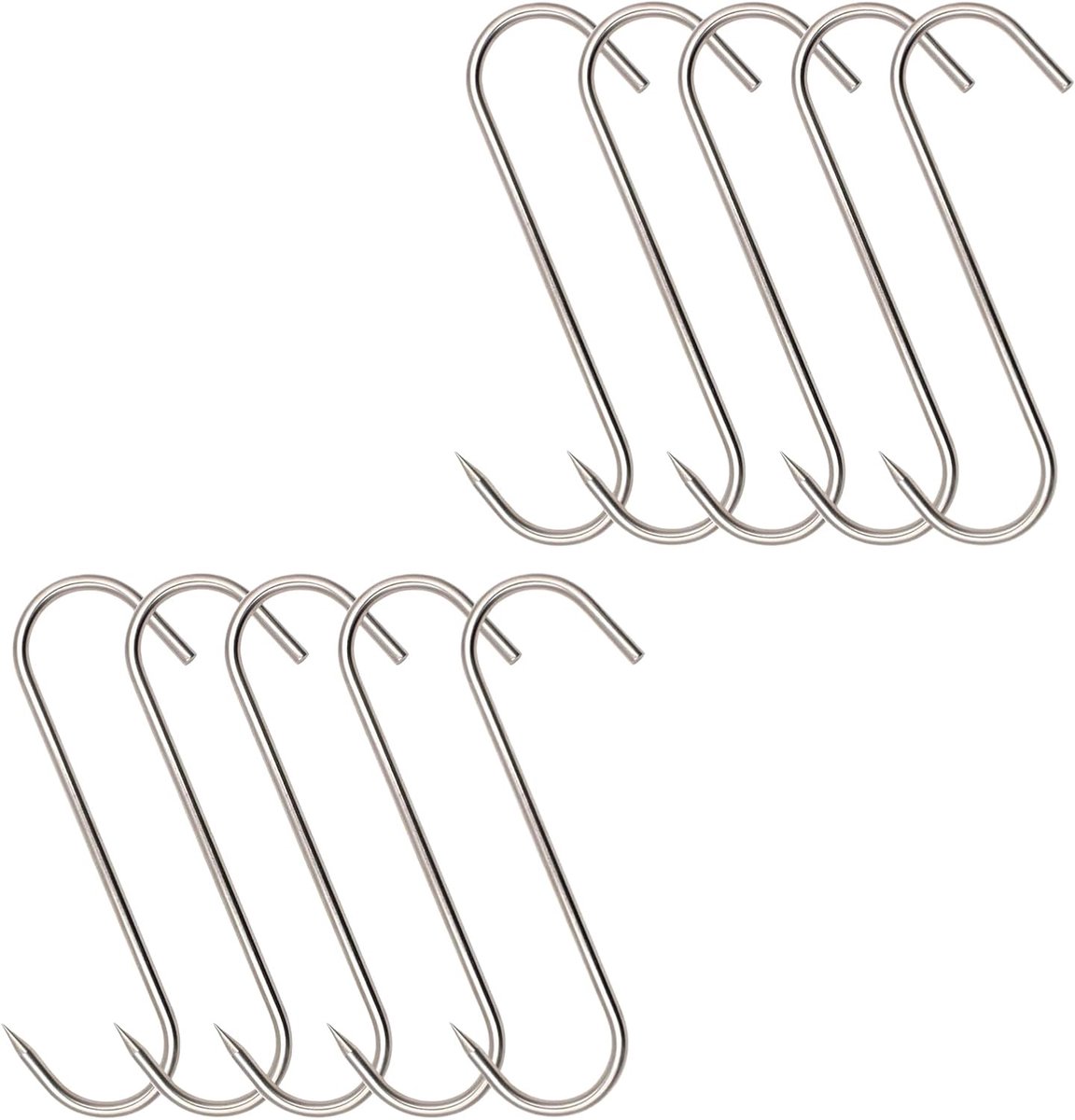 Vleeshaken, 10 stuks, 23 cm, 4 mm, vleeshaken voor het afslachten, hangende roker, grillen, roestvrijstalen S-vormige haken, slagershaak voor vleesverwerking, rundvlees, kip, spek, barbecue