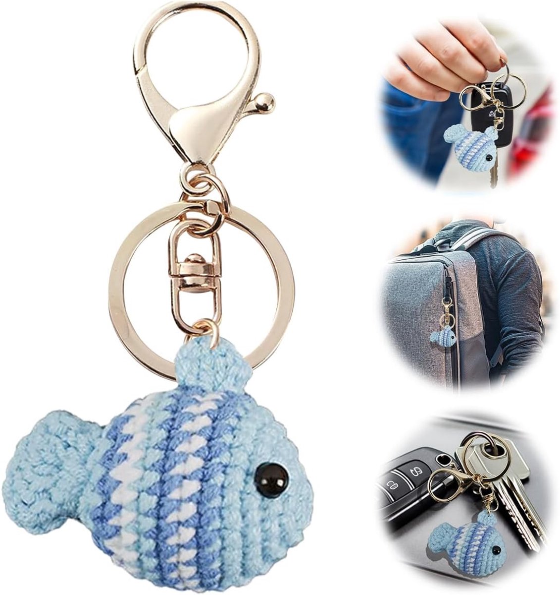 sleutelhanger met visdesign, schattige gehaakte hanger met sleutelring voor tassen, autosleutels en rugzakken, origineel cadeau, gebreide decoratie voor dagelijks gebruik en reizen