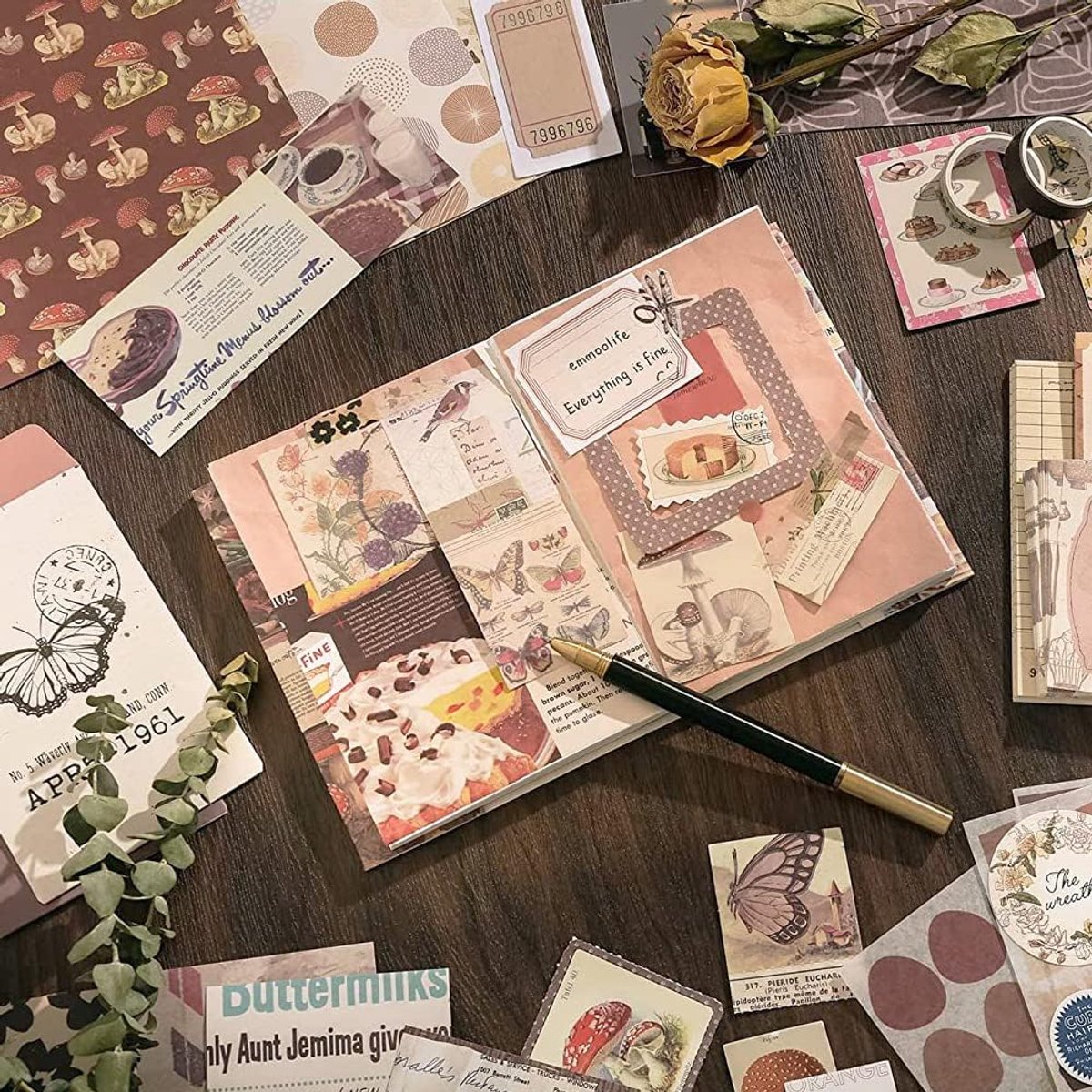 Vintage scrapbook-accessoireset, 155 stuks, bullet journal, accessoireset met A6-formaat, notitieboek, scrapbook-stickers, reisboek, cadeauset, doe-het-zelf cadeau voor meisjes en dames